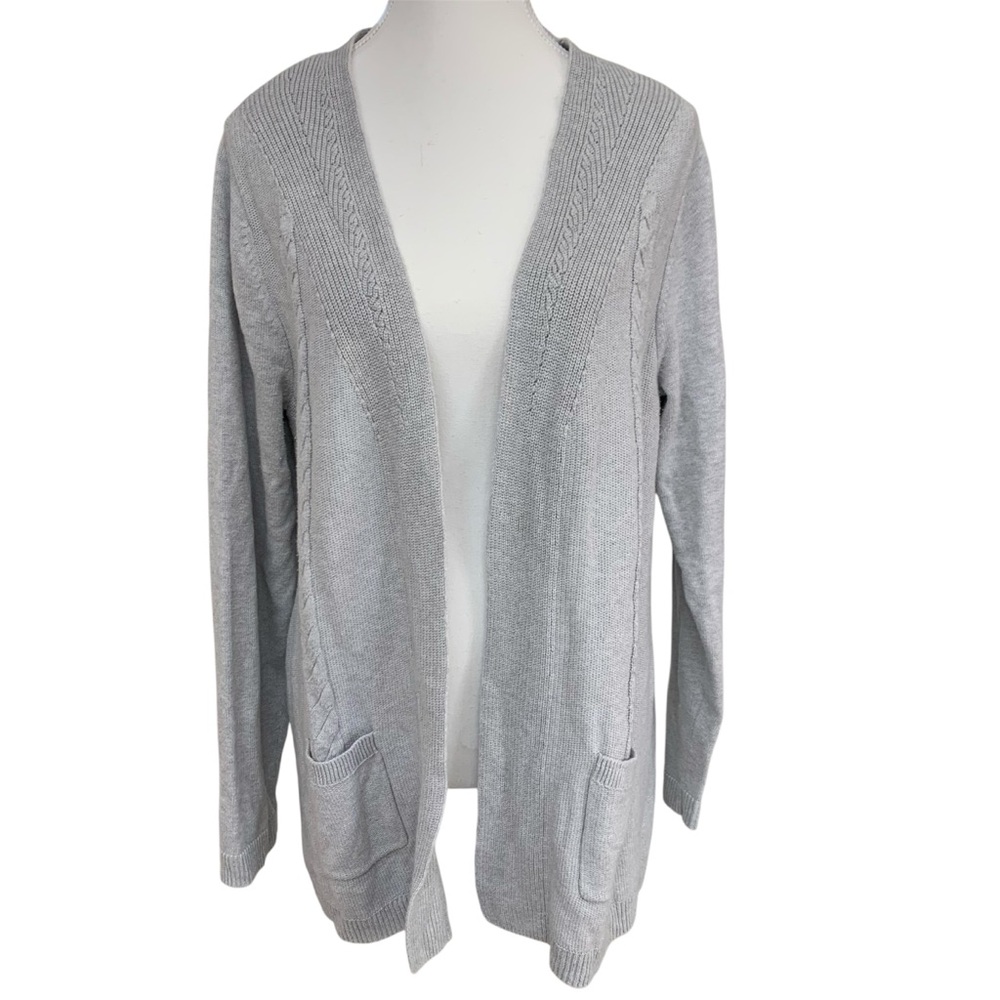 Talbots Gray Cable Knit Open Front Long Sleeve Cardigan Women’s Sz L Pockets